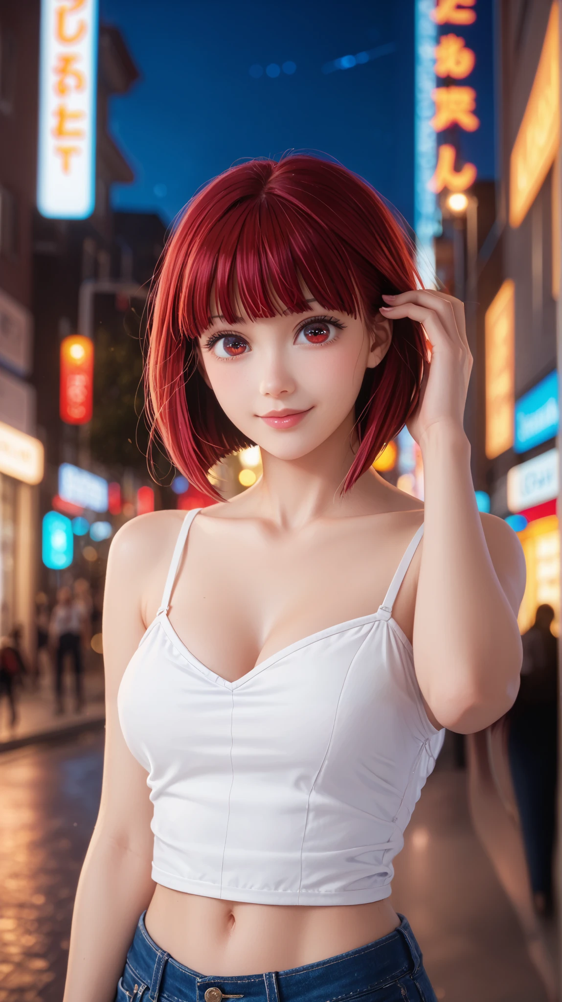 Kana Arima from Oshi no Ko, ultra-realistic, cinematic portrait at night in a vibrant city street. She is wearing a silky white spaghetti strap top and form-fitting denim jeans, revealing her toned midriff. Her red bob-cut hair is slightly tousled, and she gazes at the camera with a confident, seductive smile. Her deep red eyes shimmer under the neon city lights, reflecting the energy of the nightlife. She poses with one hand brushing through her hair, exuding elegance and charm. The background features a bustling city with glowing billboards, passing taxis, and blurred streetlights. Photorealistic textures, high-end fashion photography style, soft cinematic lighting, depth of field, Sony A7R IV + 50mm f/1.2 lens, ultra-detailed, stunning composition. --ar 16:9 --v 6 --style raw --q 2 --stylize 750