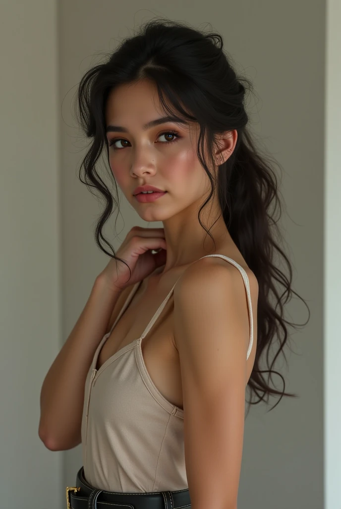 8k、High resolution、masterpiece、Realistic、In detail、Fine texture、Mature Young,ponytail,Red underwear,Age 25,Erotic style,So cute,whole body,Perfect face with soft skin,Gorgeous long brown hair,Erotic beautiful immature woman in fashionable clothes,(Look at the viewers),  small round breasts