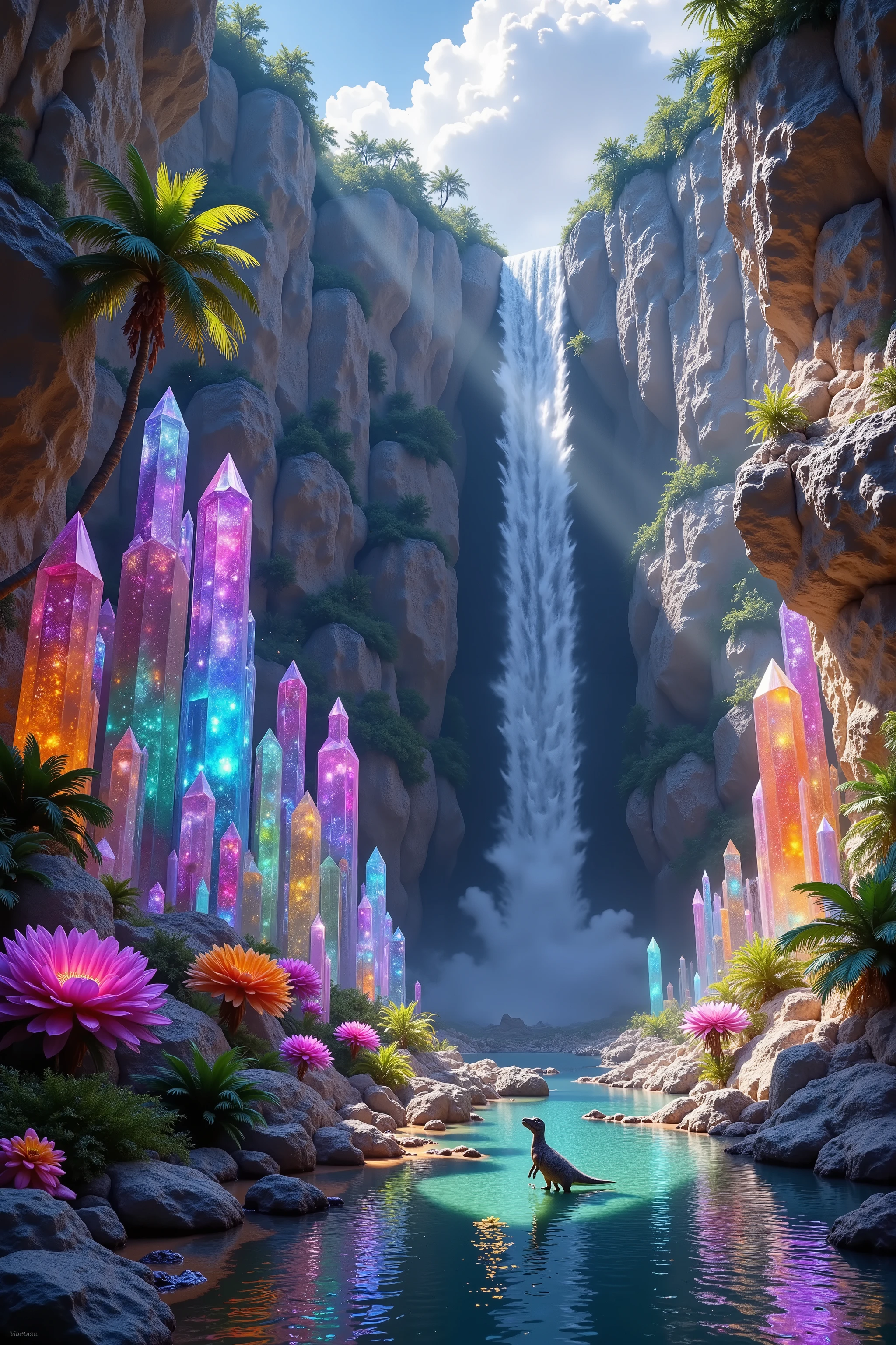 . A cliff that is 300 feet tall made up of gigantic quartz crystal points that are multicolored translucent pillars in a tropical rainforest. In the middle of these skyscraper sized quartz crystals is an incredible gushing cascading waterfall that pours into a beautiful lagoon that is lined with smaller quartz crystals 20 to 40 feet tall. In hues of Pink, Red, Orange, Yellow, Green, Blue, and purple, there are hundreds of quartz crystal formations pointing up and making up the walls of the inside of the cliff and protruding from the perimeter of the lagoon. Be sure that they are partially translucent and radiate color in the bright full sunlight. <Lora:dinosaur In this Full Sunlight we see a Tyrannosaurus Rex as she has a t rex with her down in the lagoon drinking. There are hundreds of giant quartz crystals in and on the cliffs, in the inside edges of the lagoon, and around the waterfall. The baby mama t rex's eyes are calm and clear. No red eyes! No glowing eyes! Thete are other animals and birds everywhere. Giant insects are all over the place, too. Prehistoric life in its natural form. Anatomically Correct Size and Proportion of T Rex! Breathtakingly beautiful, stunning, Awe Inspiring, An Awesome Site! If you get it right! 8K Octane, Action Painting, Cinematic, Cinematography, Conceptual Art, Digital Art, Fujicolor, Ultra-realistic Photorealistic, Portrait Photography, Surrealism, Unreal Engine, Sparkle on crystals, Cinematic Lighting, Glowing Light, Reflection Light, Ray Tracing, God Rays, Perspective: up close, macro photography, Ultra bloody and gorey, UHD, Super Detailed, Best Quality, Award Winning, Masterpiece