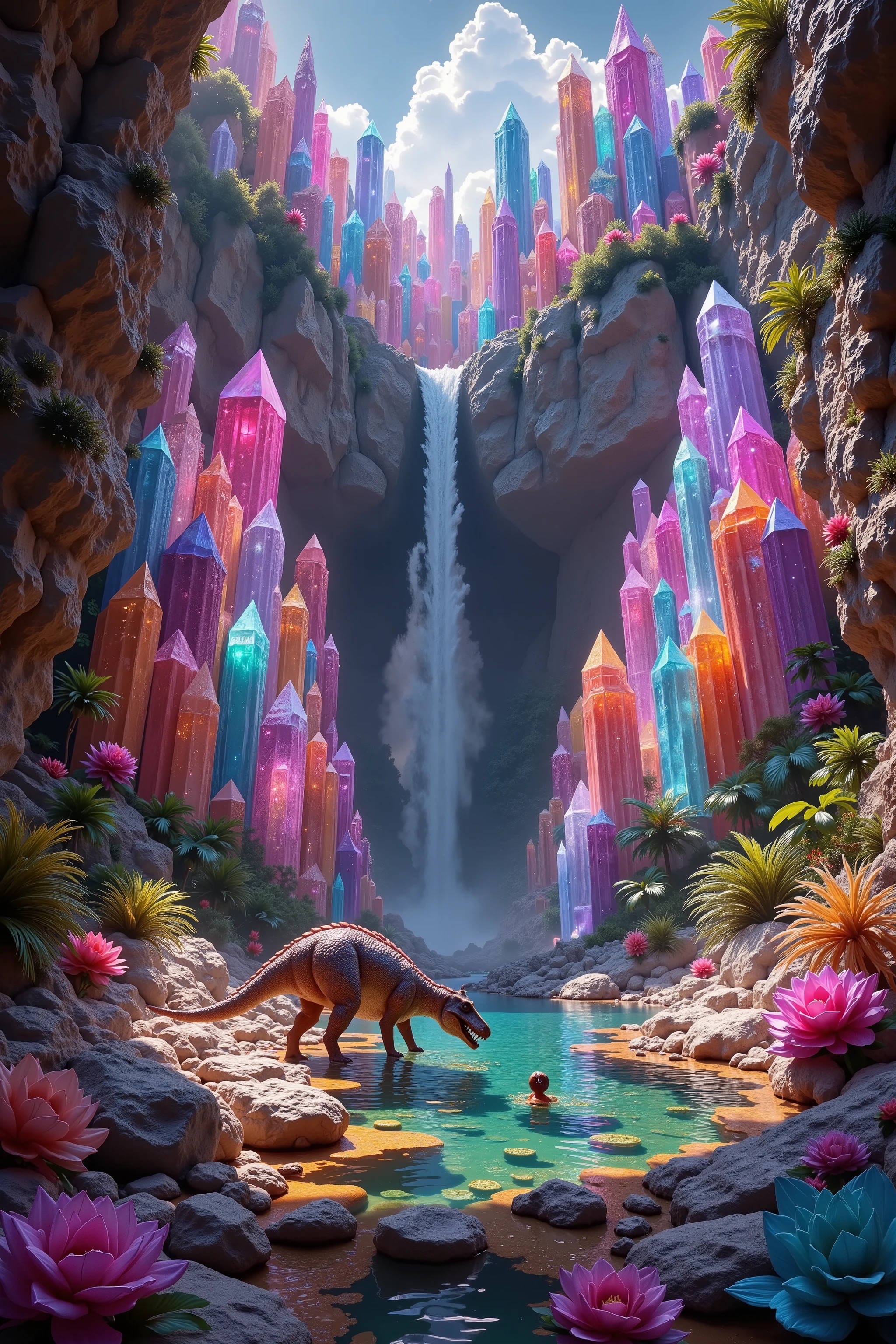 . A cliff that is 300 feet tall made up of gigantic quartz crystal points that are multicolored translucent pillars in a tropical rainforest. In the middle of these skyscraper sized quartz crystals is an incredible gushing cascading waterfall that pours into a beautiful lagoon that is lined with smaller quartz crystals 20 to 40 feet tall. In hues of Pink, Red, Orange, Yellow, Green, Blue, and purple, there are hundreds of quartz crystal formations pointing up and making up the walls of the inside of the cliff and protruding from the perimeter of the lagoon. Be sure that they are partially translucent and radiate color in the bright full sunlight. <Lora:dinosaur In this Full Sunlight we see a Tyrannosaurus Rex as she has a t rex with her down in the lagoon drinking. There are hundreds of giant quartz crystals in and on the cliffs, in the inside edges of the lagoon, and around the waterfall. The baby mama t rex's eyes are calm and clear. No red eyes! No glowing eyes! Thete are other animals and birds everywhere. Giant insects are all over the place, too. Prehistoric life in its natural form. Anatomically Correct Size and Proportion of T Rex! Breathtakingly beautiful, stunning, Awe Inspiring, An Awesome Site! If you get it right! 8K Octane, Action Painting, Cinematic, Cinematography, Conceptual Art, Digital Art, Fujicolor, Ultra-realistic Photorealistic, Portrait Photography, Surrealism, Unreal Engine, Sparkle on crystals, Cinematic Lighting, Glowing Light, Reflection Light, Ray Tracing, God Rays, Perspective: up close, macro photography, Ultra bloody and gorey, UHD, Super Detailed, Best Quality, Award Winning, Masterpiece