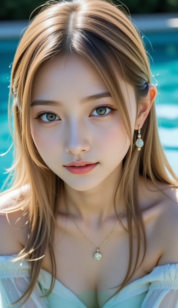 8K，10-year-old girls，blond hairbl，Delicate turquoise eyes，Exquisite facial features，Delicate skin texture，cleavage，at centre