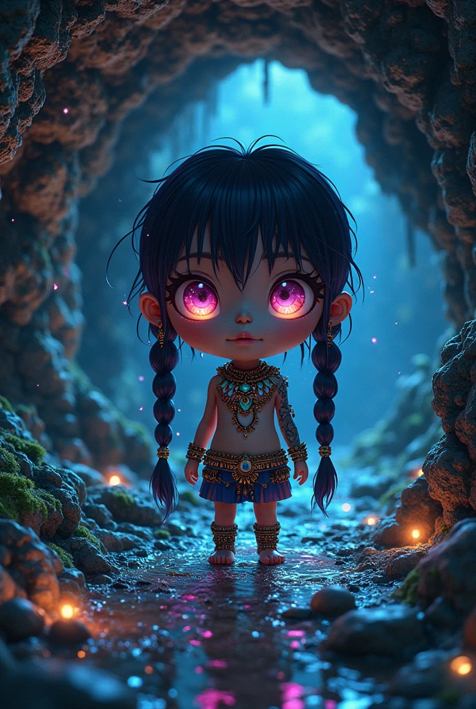 little  tribal,(((little ,small tiny body,,chibi,small))),((())),(((1 toddler:1.4))),(baby face),(round face),(little chest),(big forhead:1.2),(beautiful big eyes:1.3),extremely detailed cute anime face,ahegao face, spit ,a Lot of spit, naked, topless

(((flat chest))),((((long twin braids,tight braids,long braid,braided hair,long hime cut,dark hair,black hair,colored inner hair)))),(((purple_eyes:1.3))),intricate eyes,beautiful detailed eyes,symmetrical eyes,(big eyes:1.5),((((lustrous skin:1.5,tanned skin,bright skin: 1.5,skin tanned,shiny skin,very shiny skin,shiny body,Reflective skin)))),(((detailed face))),beautiful detailed lips,

(cute,kawaii,(nsfw)),🦄,🌈,

short loincloth,(navel),tribal clothes,thong tribal,(strand twists,tribal warrior),navel,barefoot,bare arms,exposed belly button,necklace,(tribal clothing),((red clothes,wet clothes,intricate outfit)),

dynamic pose,looking at viewer,embarrassed,centered,scale to fit dimensions,Rule of thirds,

((Narrow, winding tunnel that descends into the depths. The only light comes from small luminescent gems that dot the walls)),scenery,extremely scenery,

(Glossy Egyptian ornaments),highres,sharp focus,(ultra detailed,extremely detailed),(photorealistic artwork:1.37),(extremely detailed CG unity 8k wallpaper),(((vibrant colors,vibrant theme))),(intricate),(masterpiece),(best quality),artistic photography,(photography taken by sldr),(intricate background),perfect rendered face,perfect face details,realistic face,photo realistic,((intricate detail)),(((realism))),
