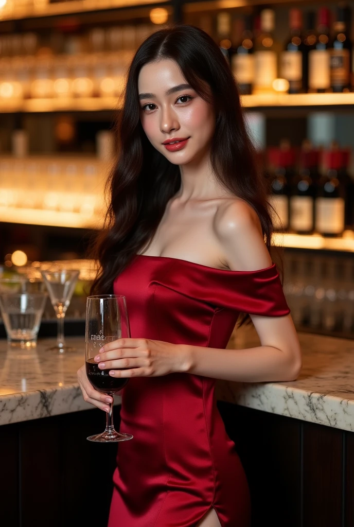 A young woman with a glamorous look, wearing a red dress, stands in a dimly lit restaurant, holding a glass of red wine. Her expression is soft, almost thoughtful, and the warm lighting casts a gentle glow on her face. The background is blurred, with the soft glow of fairy lights and the lush greenery of the restaurant decor.
Lighting: warm and inviting, Colors: rich and vibrant, Texture: smooth, Background: softly blurred, Rendering: high quality]