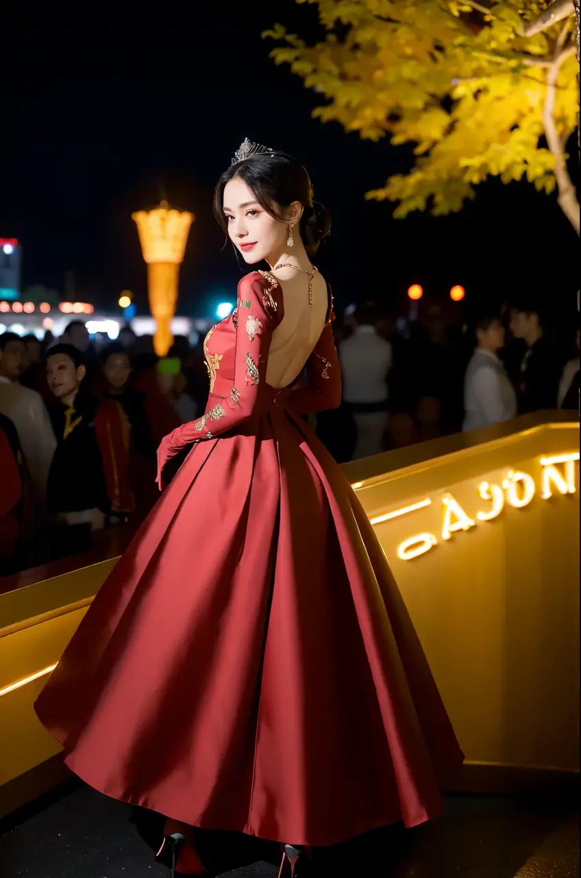 finest image, beautiful woman, sexy red satin long evening dress with wide open sides, black evening gloves, luxurious accessories, iridescent light brown braided bangs ponytail, sparkling big eyes, red alluring moist big thick lips, very small breasts, abs, ass, slender, perfect proportion, background fantasy iridescent light glass crystal metal-plated stained glass room, that emits fantastic light, light particles, light sparkles, scatter gold and silver glitter and confetti, iridescent light particles, many falling petals, detailed and delicate depiction, professional lighting