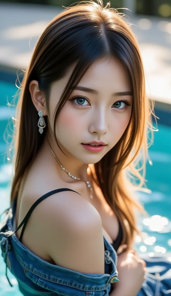 (best qualtiy,4K,tmasterpiece:1.3),Pretty women,girl with,Competitive swimsuit,onepiece swimsuit、Very big、Cleavage emphasis、Raised sexy:1.1,dark brown hair:1.1,(Wet with rain,Wet with rain,Get wet:1.2),full bodyesbian、Super Detailed Face,Detailed lips,A detailed eye,二重まぶた