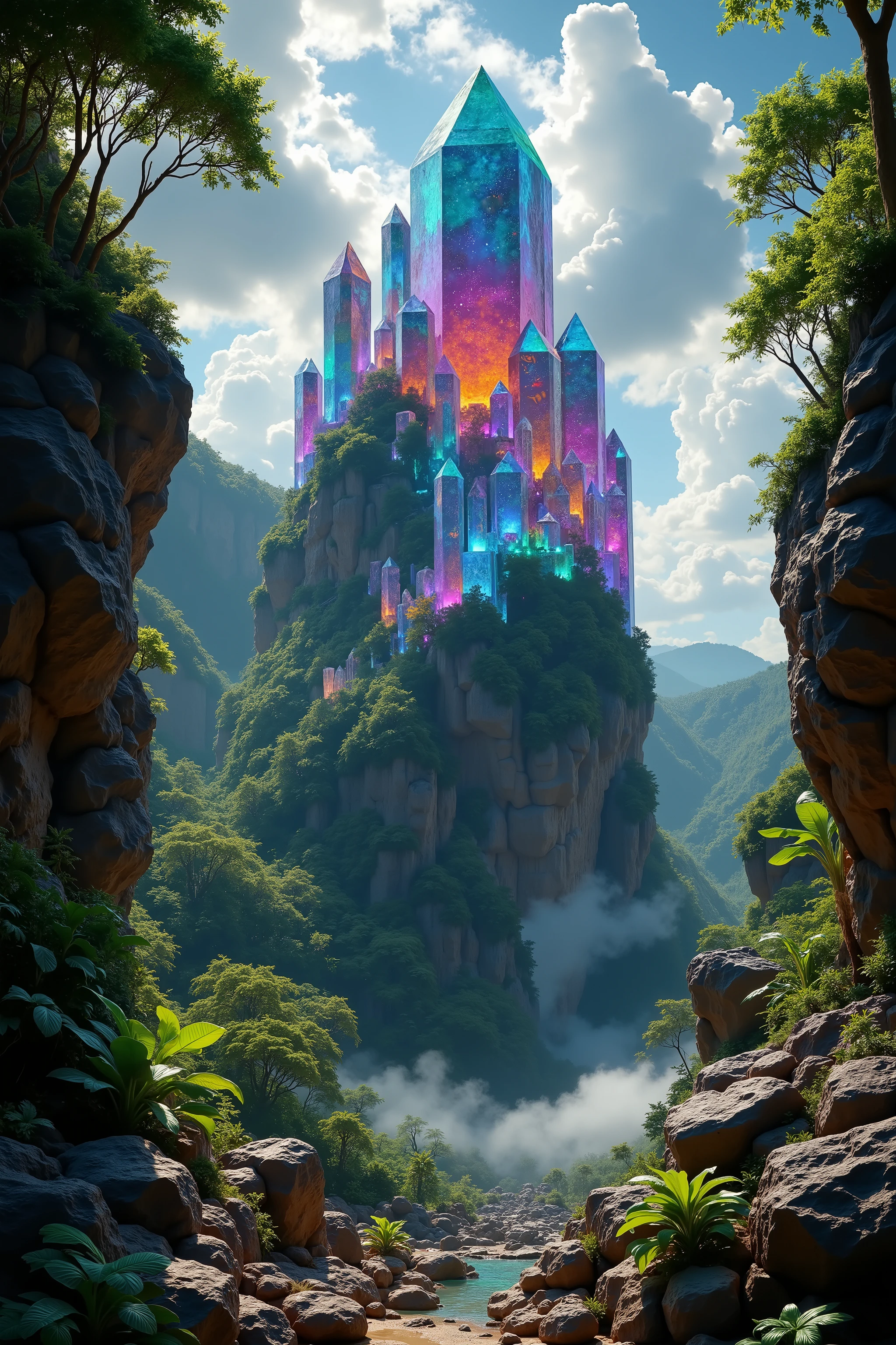 a 300 feet tall cliff made up of gigantic multicolored quartz crystal points, breathtaking landscape, dramatic lighting, cinematic, ultrarealistic, 8K, photorealistic, highly detailed, masterpiece, professional photography, studio lighting, dinosaurs of all kinds everywhere. Lush jungle. Inside a slight clearing.physically-based rendering, crystal clear focus, vibrant colors, glowing crystals, crystal structures, rocky cliffside, dramatic shadows, natural scenery, awe-inspiring scale, majestic presence, volcanoes, waterfalls, creeks, ancient animals, birds, insects