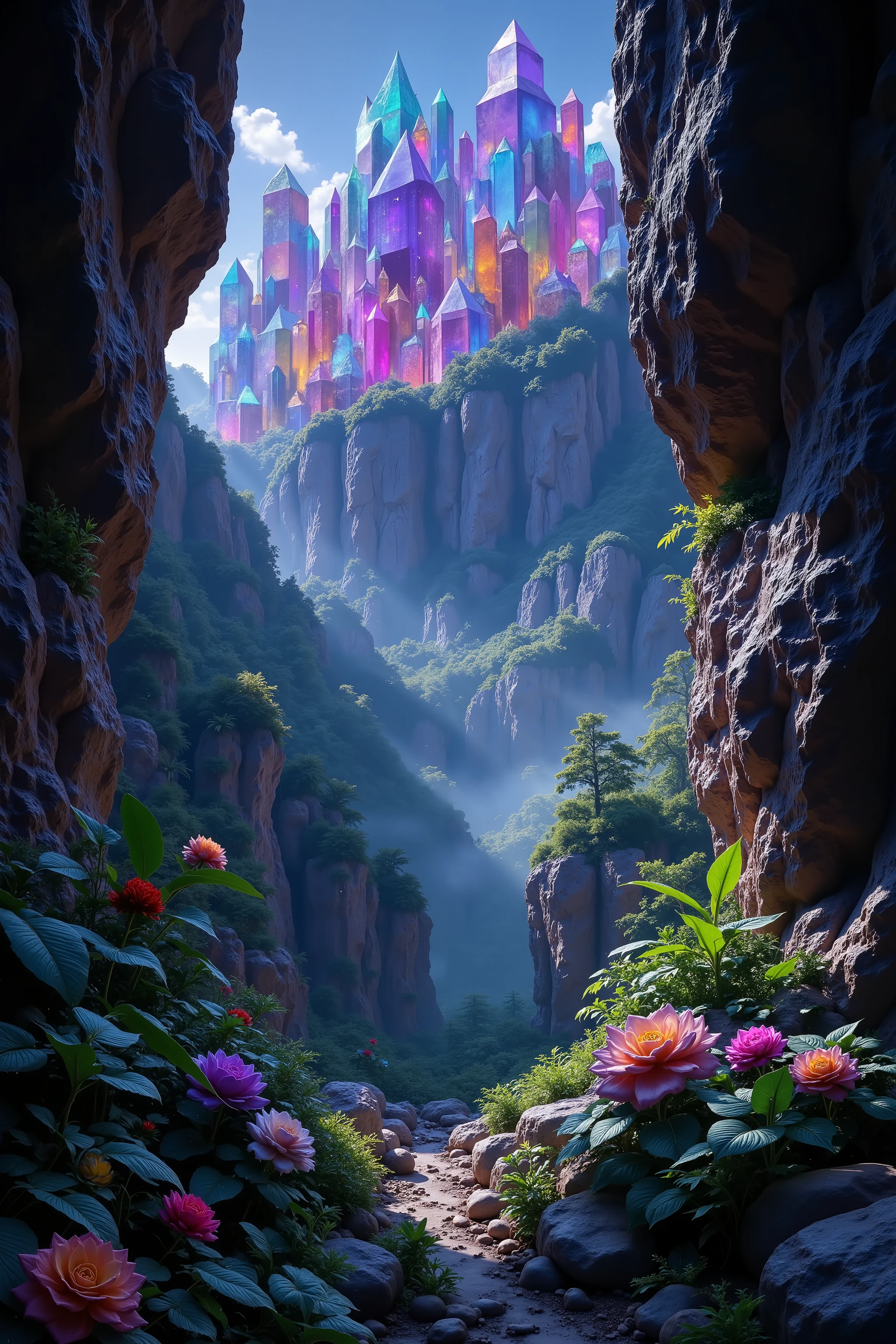 a 300 feet tall cliff made up of gigantic multicolored quartz crystal points, breathtaking landscape, dramatic lighting, cinematic, ultrarealistic, 8K, photorealistic, highly detailed, masterpiece, professional photography, studio lighting, dinosaurs of all kinds everywhere. Lush jungle. Inside a slight clearing.physically-based rendering, crystal clear focus, vibrant colors, glowing crystals, crystal structures, rocky cliffside, dramatic shadows, natural scenery, awe-inspiring scale, majestic presence, volcanoes, waterfalls, creeks, ancient animals, birds, insects
