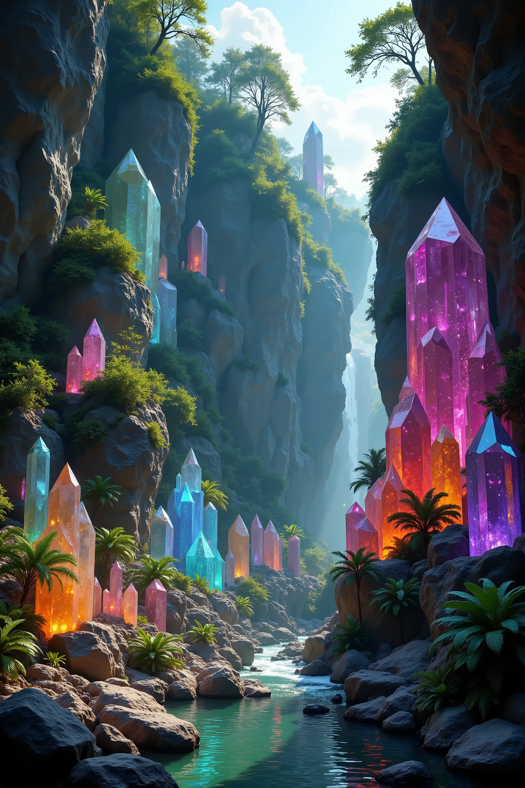 a 300 feet tall cliff made up of gigantic multicolored quartz crystal points, breathtaking landscape, dramatic lighting, cinematic, ultrarealistic, 8K, photorealistic, highly detailed, masterpiece, professional photography, studio lighting, dinosaurs of all kinds everywhere. Lush jungle. Inside a slight clearing.physically-based rendering, crystal clear focus, vibrant colors, glowing crystals, crystal structures, rocky cliffside, dramatic shadows, natural scenery, awe-inspiring scale, majestic presence, volcanoes, waterfalls, creeks, ancient animals, birds, insects