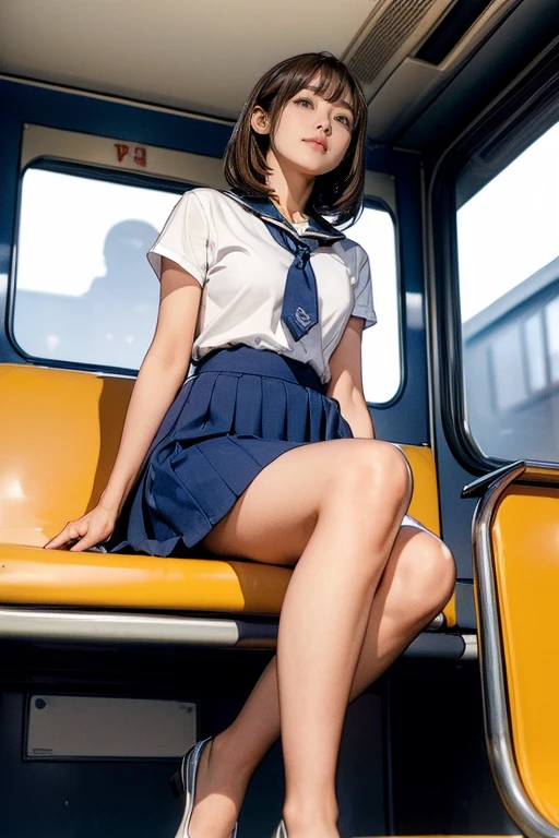 (1girl in:1.3), Very cute, 9 , Looks pure, 8K, Raw photo, (photographrealistic:1.37), 超A high resolution, Best Quality, Small round face, Big eyes, extra detailed face, extremely detailed eye, slender, Thin thighs, Slim long legs, Blushing, (No makeup:1.4), (eye bags:1.3), Fair skin, BREAK ((Japan school uniform:1.3)), ((flat chest:1.1)), (On the train:1.3), (Uniform Ribbon:1.2), (Horizontal long seat with your back to the window:1.2), BREAK (Wearing thigh-high socks:1.3), Professional Lighting, Shiny skin, face lights, Natural Shading, ((accurate hands without incongruity)), BREAK (Shoulder-length hair with bangs,:1.3), (((skirt lift by yourself))), (lifted by self), (Showing panties), ((Sit up, Spread legs wide)), (White panties:1.3),
