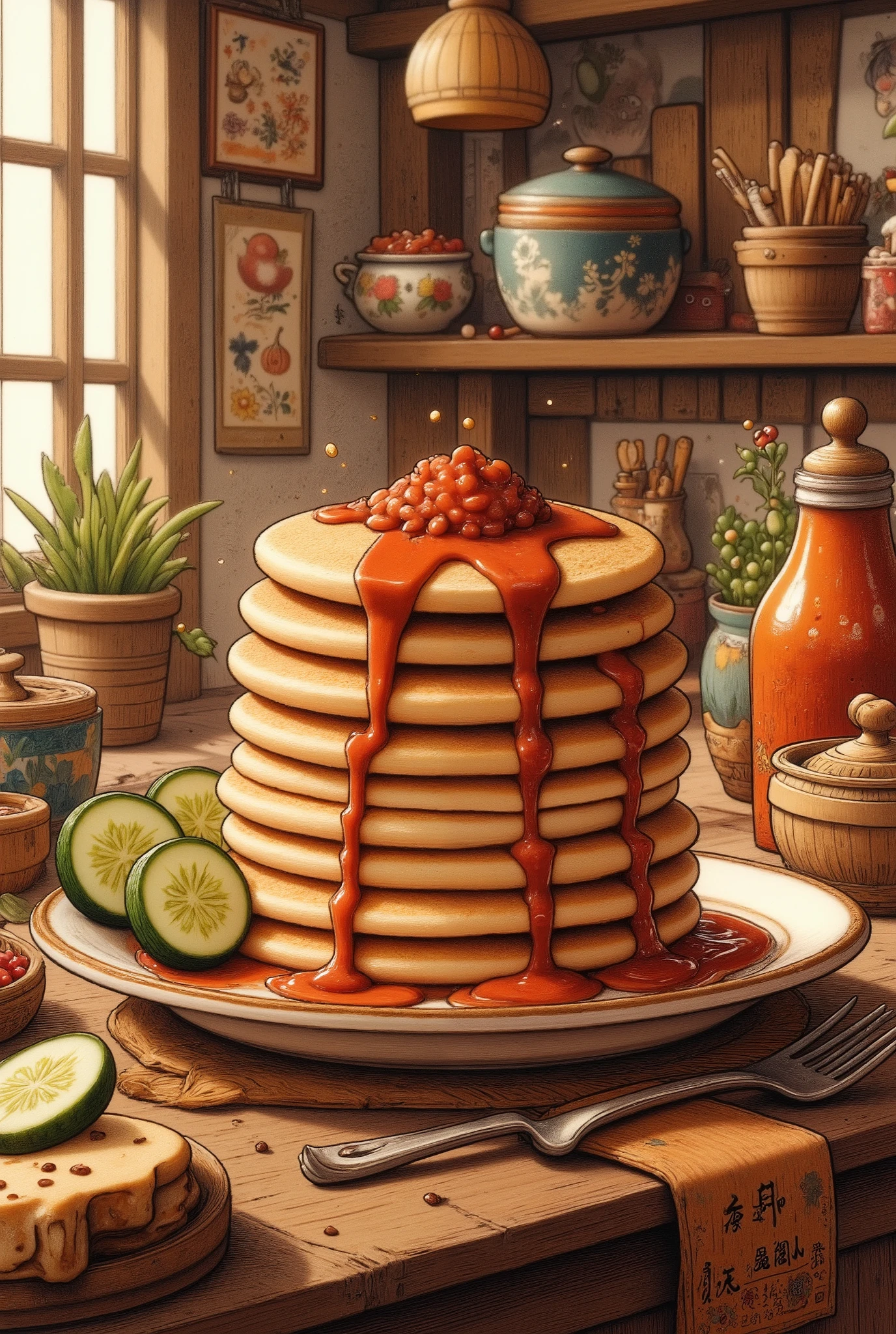 pancakeday, a stack of fluffy pancakes, golden brown, sambal dripping, fresh sliced cucumber, wooden table, rustic kitchen, morning light, warm atmosphere, photorealistic, high-resolution, 8K, masterpiece, hyperdetailed, studio lighting, physically-based rendering, vibrant colors, depth of field.pancake_day, detailed pancake stack, fluffy golden pancakes, drizzled with sambal, fresh sliced cucumber, rustic wooden table, natural light, moody atmosphere, cozy kitchen interior, photorealistic, 8K, high resolution, cinematic lighting, warm tones, still life, food photography,a detailed, hyper-realistic, pancake-filled table scene, breakfast food art, 4K, HDR, professional lighting, intricate details, warm color tones, soft focus, photorealistic,detailed pancakes,wooden table,napkins,silverware, steaming hot,appetizing,delicious,inviting,close-up,high-res,studio lighting,physically-based rendering