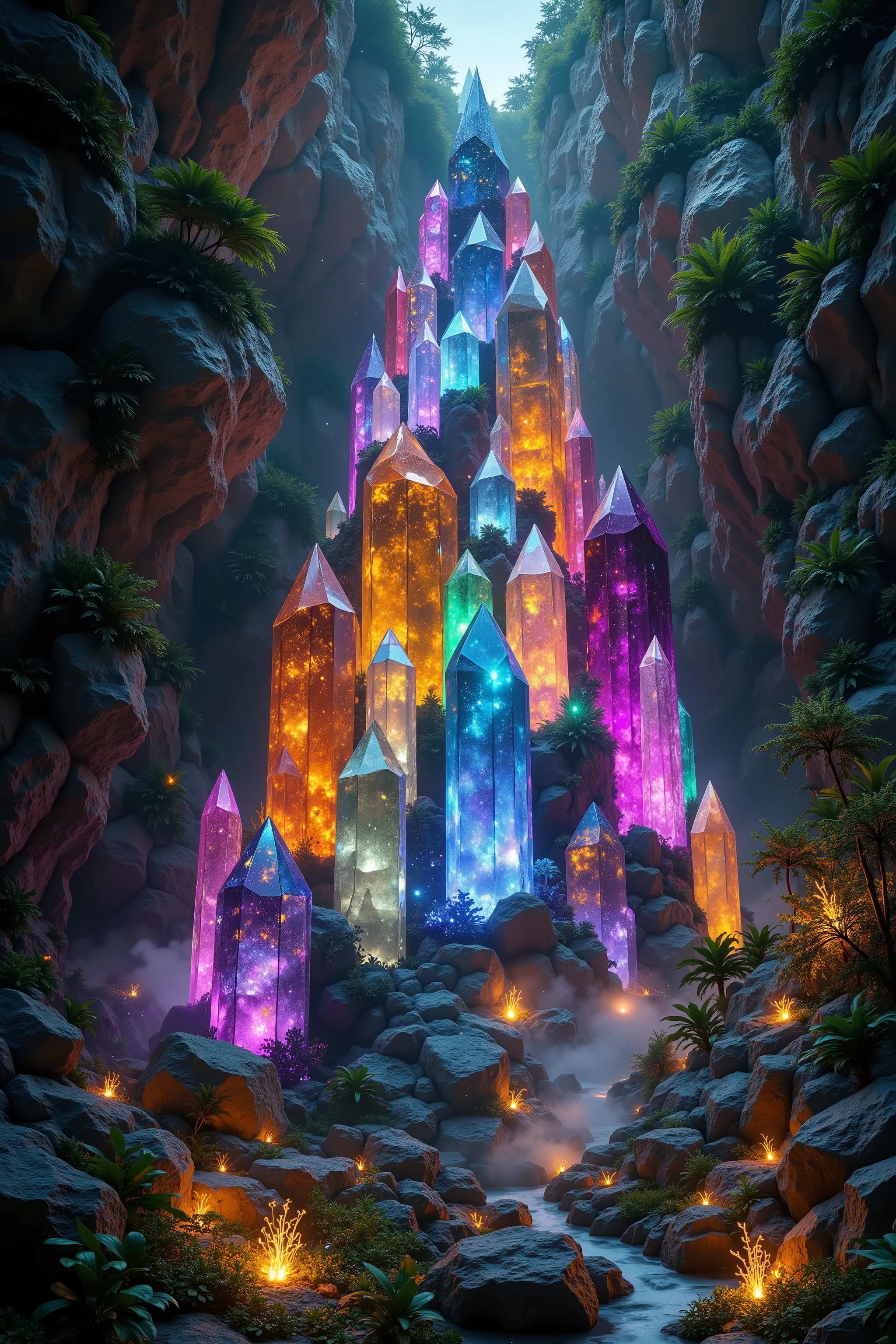 a 300 feet tall cliff made up of gigantic multicolored quartz crystal points, breathtaking landscape, dramatic lighting, cinematic, ultrarealistic, 8K, photorealistic, highly detailed, masterpiece, professional photography, studio lighting, dinosaurs of all kinds everywhere. Lush jungle. Inside a slight clearing.physically-based rendering, crystal clear focus, vibrant colors, glowing crystals, crystal structures, rocky cliffside, dramatic shadows, natural scenery, awe-inspiring scale, majestic presence, volcanoes, waterfalls, creeks, ancient animals, birds, insects