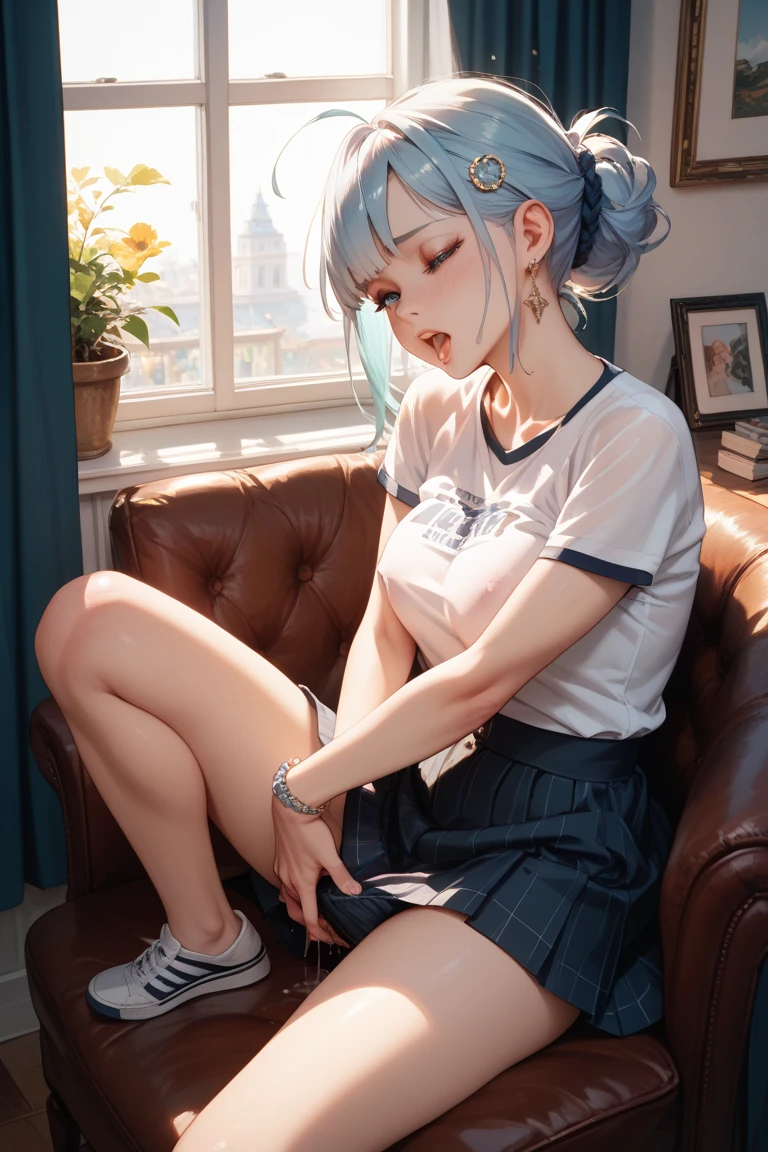 One woman()、Shyly smiling、Long, blue hair、Thin glasses、White clothes、See-through shirt、ribbon、Short pleated skirt、Pink underwear、loose socks、Inside a skyscraper office at night、Spread your legs