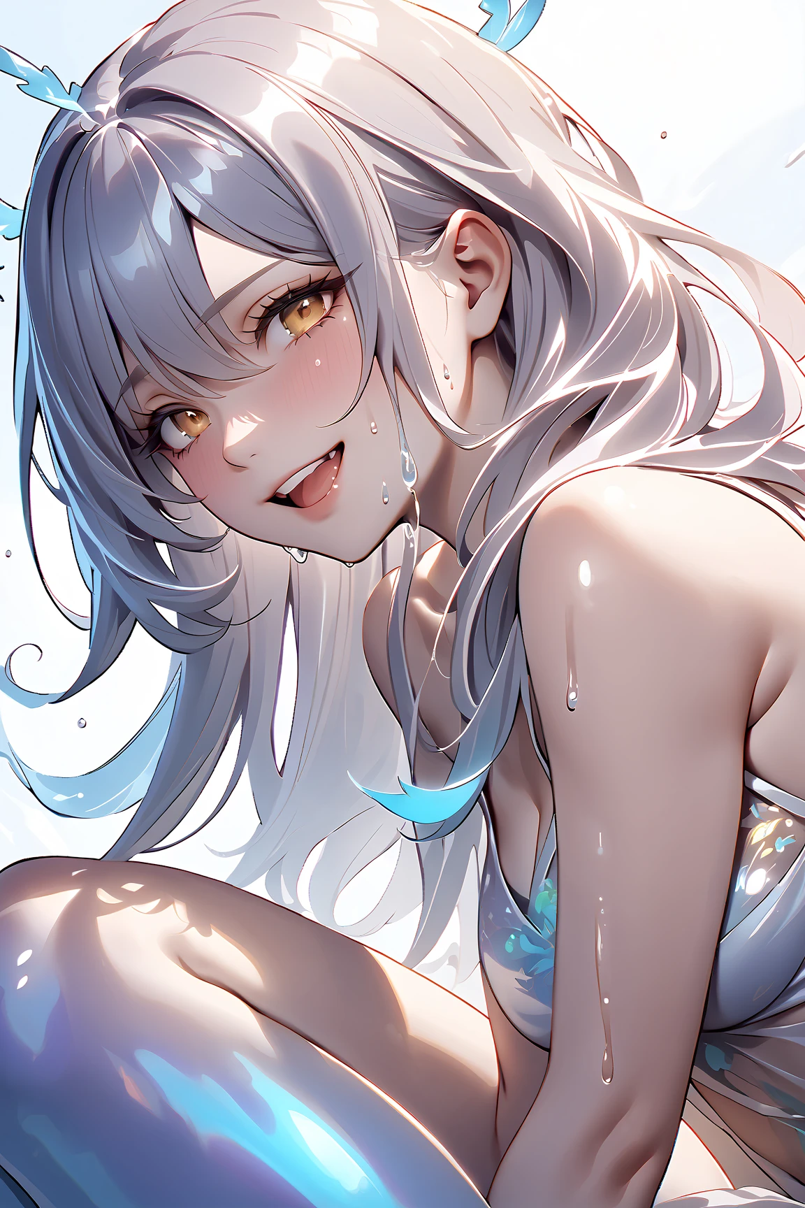 upper body of air elemental woman, fully naked, topless, small breasts, long white hair, blue eyes, (blue skin:1.3), fierce hunter, wild, smile, flying on the blue sky, clouds and blue sky background, looking from below