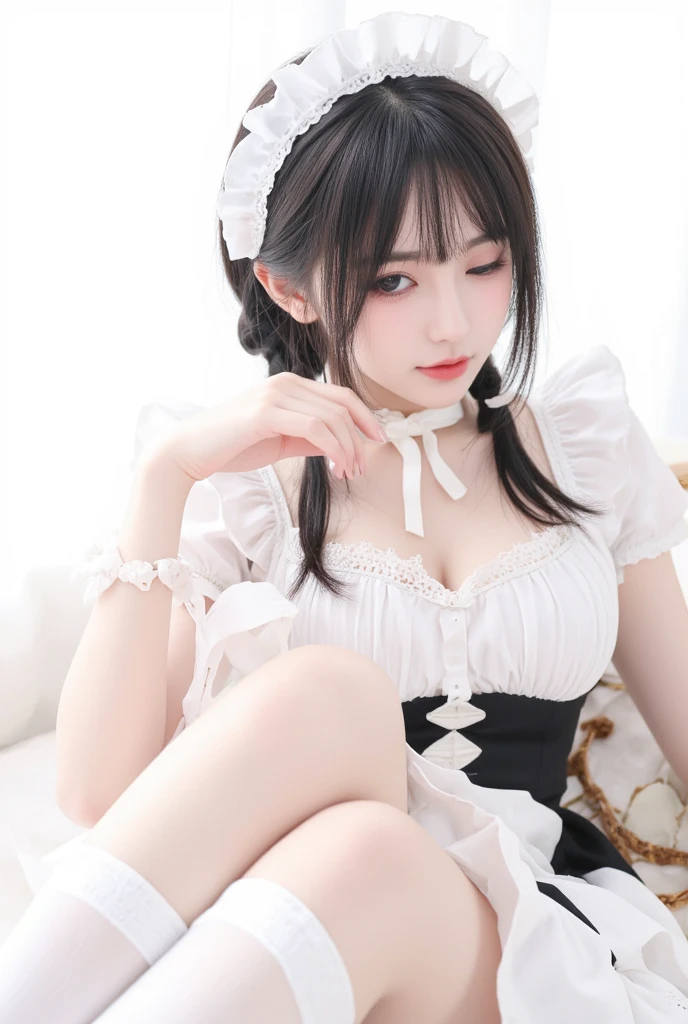 solo, (korean:1.2),1 girl,
(sharp focus:1.4), (photorealistic:1.4),
(intricate maid clothes:1.4), white maid apron, layered clothes, puffy sleeves,
(doggy position), barefoot, face focus, on the bed,
(black leather choker ), long hair, brown hair, curvy wave half twin tails, hair ties,
indoors, cozy bed,
(smile:1.1), (realistic humid skin:1.2), (beautiful face:1.1), detailed eyes, detailed face,(breasts:1.2), black eyes, makeup,
depth of field, best quality, ultra high res, (photorealistic:1.4), (ulzzang-6500:1.0),((puffy eyes)), full body, (pink lipstick,:1.1) <lora:jrkjs-v0:1>