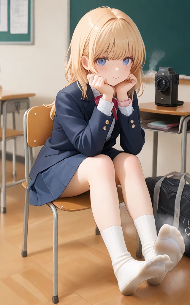 1girl, solo, long hair, breasts, looking at viewer, blush, smile, bangs, skirt, blonde hair, brown hair, shirt, thighhighs, long sleeves, bow, brown eyes, sitting, closed mouth, , jacket, full body, white shirt, braid, thighs, pleated skirt, collared shirt, indoors, bowtie, red bow, feet, white thighhighs, lips, legs, parted bangs, plaid, toes, plaid skirt, no shoes, blazer, blue jacket, red bowtie, knees up, on floor, chalkboard, asuna \(sao\)