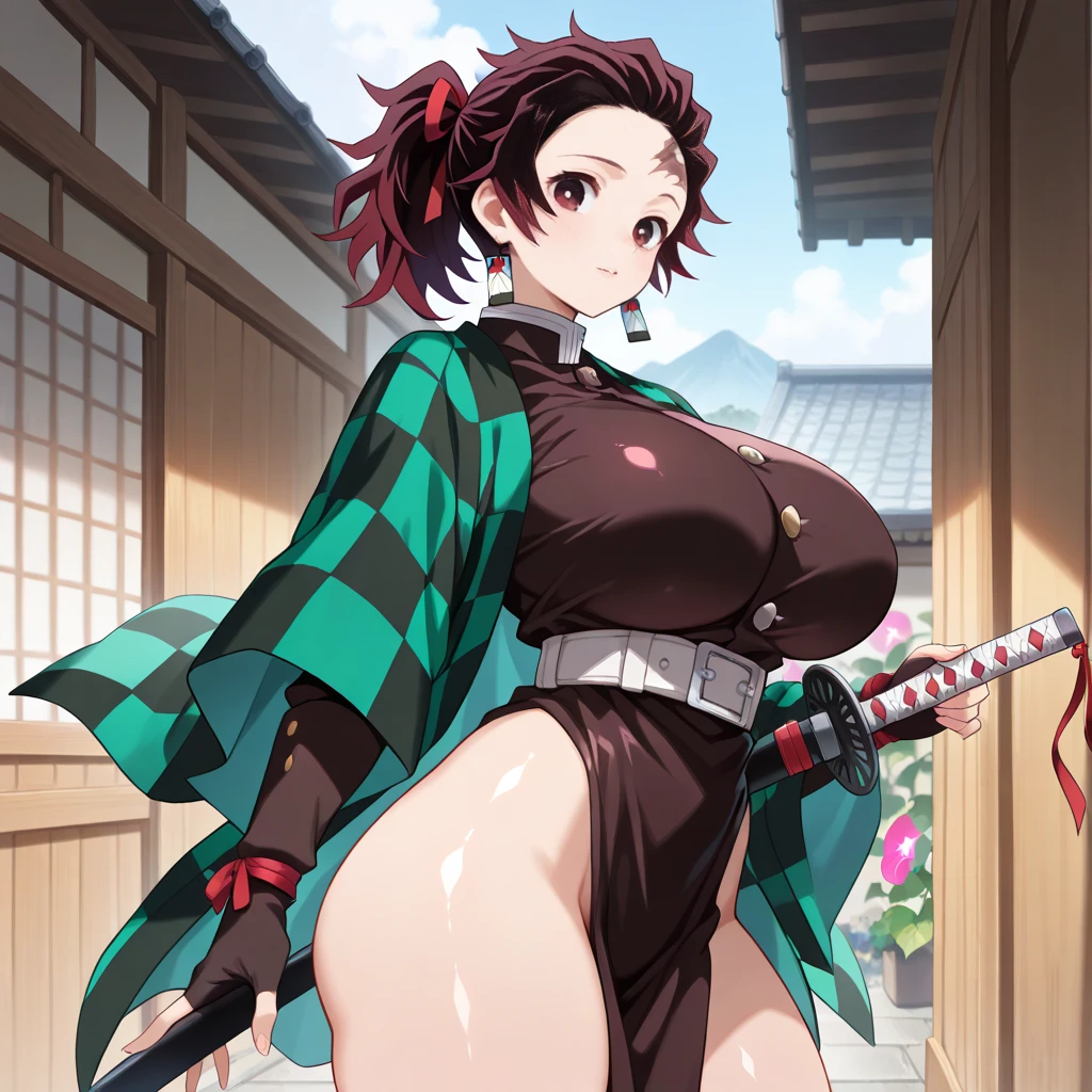 Misae Nohara,(Married Woman:1.3),(mother:1.3),Mama,woman,retro artstyle,1990s (style),(absurderes, 8K, 4K, masutepiece, hyper extreme detailed:1.2), Best Quality, Perfect Anatomy,Perfect face,Facing forward,High humidity,(Sweaty:1.2),(gigantic breasts:1.4),(Wet:1.1),(oiled skin:1.1),in the garden,(rain:1.4),(fog:1.3),(black kimono:1.1),village,Lantern,Japanese sword,See-through clothing,cool face,(Sharp Eyes:1.1),(Holding a sword:1.1),(Glaring Eyes:1.3),anger,Murderous Intent,Wearing a red belt around his waist,(Cleavage:1.1)