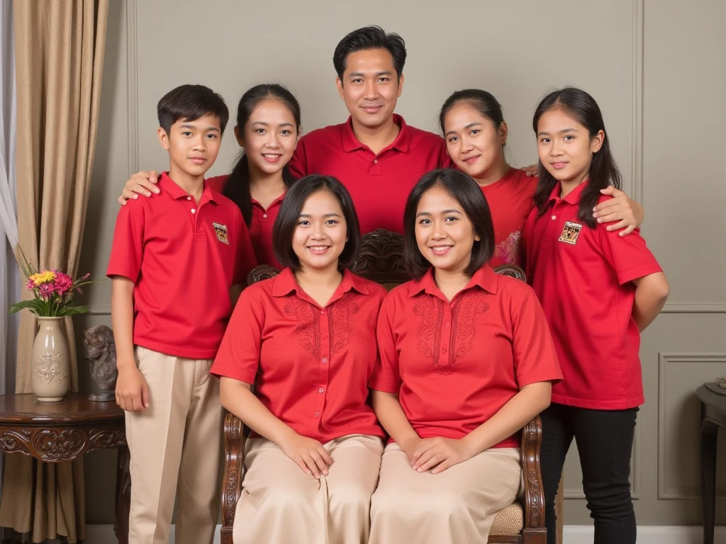 Family photo standing consisting of 1 male aged 40 years 1 female aged 30 years, 1 male aged 14 years, 1 female aged 3 years, wearing red and white clothes.. Symbol of independence of the Republic of Indonesia