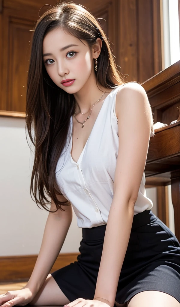 Korean , summer shirt, ribbon tie, skirt, bright blonde, school stairs, going down school stairs, chest thrusting pose, chest bragging pose, 8k raw photo, high resolution, cool Korean at 16 years old, very big round breasts, beautiful eyes in detail, long eyelashes, beautiful double eyelids, eyeshadow, eyeliner, slender eyes, elongated eye shape, Sanpaku eyes, evil smile, evil look, beautiful very thin legs, beautiful very thin thighs, random medium hair, hair tied behind the head, earrings,8k, highest quality:1.2, masterpiece:1.3, High resolution RAW photo, photorealistic:1.3, portrait:1.1, super resolution, realistic, real photos, amazing details, An ultra-realistic photograph, cute beautiful one woman with perfect body:1.4, slim big:1.2, amazing details, cute beautiful woman with perfect body:1.4, shiny skin, glossy lips, High-definition face and skin texture, fine eyes, double eyelid, very detailed, dark brown hair color, medium hair, big tits, ample breasts:1.4, high resolution chest,