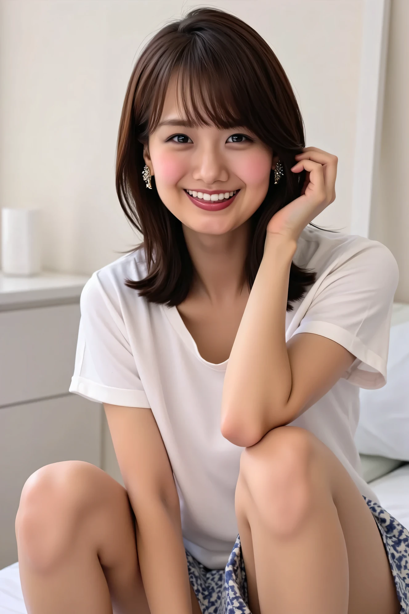 ((( High Resolution , top quality, very well detailed, masterpiece , highly detailed photos , realistic , Real people , Ultra precise skin ))) , , ( from the front ) , full body , Advance Shot , Viewer , ( giggle face ) , { wearing the sleeveless T-shirt and mini-skirt : 1.8 } , black hair , medium hair , medium breasts , { focus on the pubic area between the legs : 1.8 } , the dark hours of dawn , (( tuck hair behind the ear : 1.8)) , { nsfw , open legs ,squatting } , On the bed