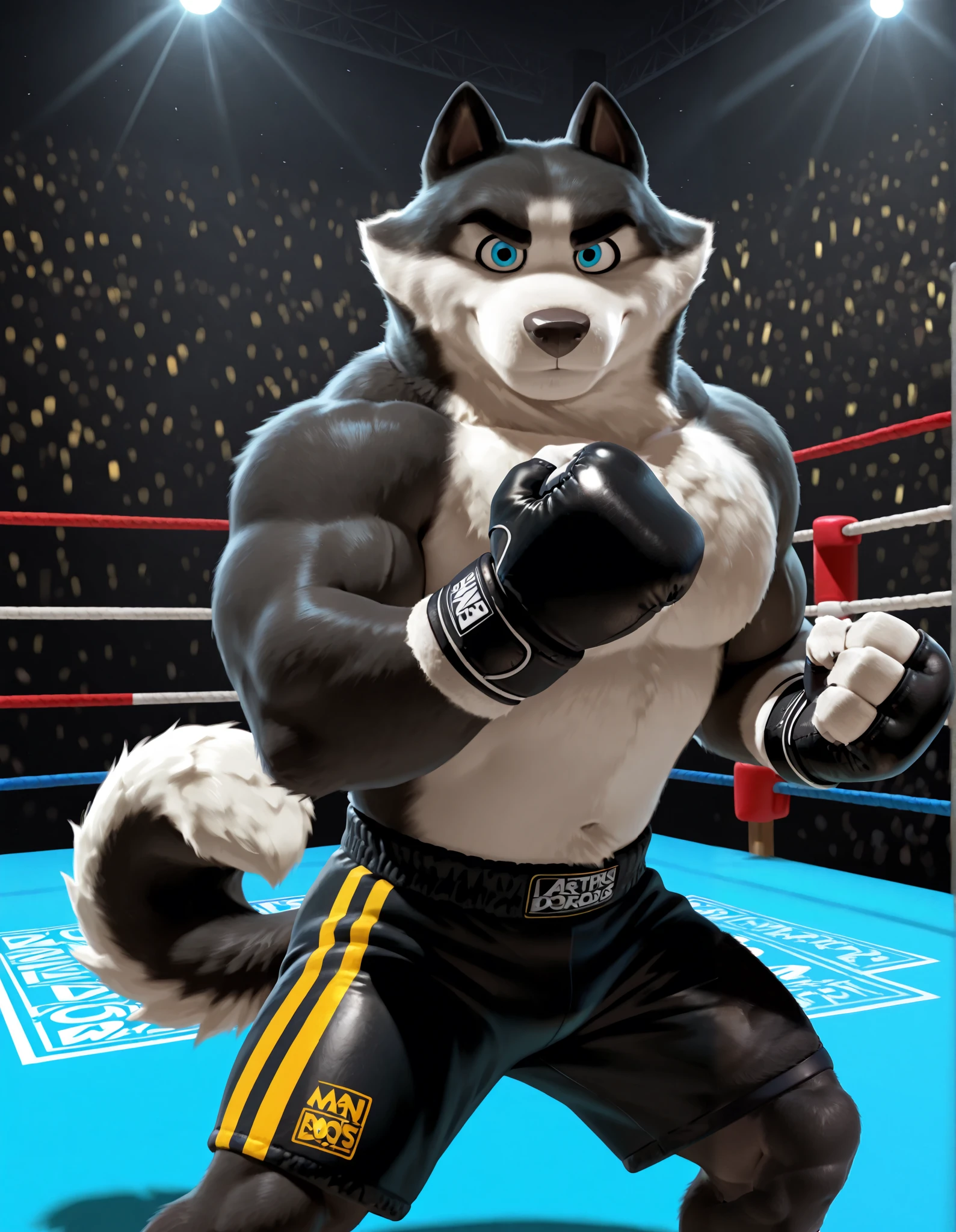 Duke (Arctic Dogs), anthro dog, black fur, white fur, male, blue eyes, high quality, half body, solo, fighting arena background, thick arms, thick legs, muscular, shirtless, black MMA UFC shorts with blue slits, MMA gloves with knuckle pads, fingerless gloves, action pose, boxing stance, championship, stern face, wide stance, looking at viewer, mouth guard piece, (glistening fur, glistening body),