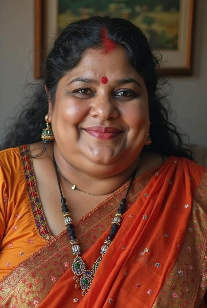 A chubby indian lady in saree and sleeve less blouse with her armpits visible while she is tying her hair up