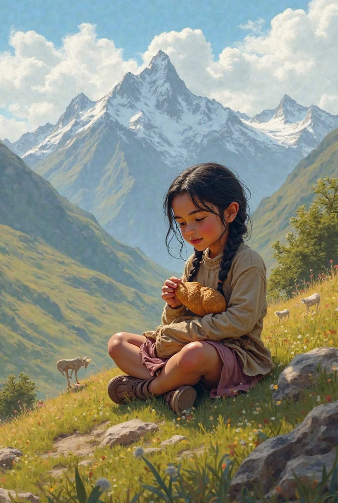 Tibetan child , cabelos pretos compridos, vestida com uma roupa vermelha de monge, looking at a small bird, em cima de uma rocha dentro de uma floresta , oilpainting style