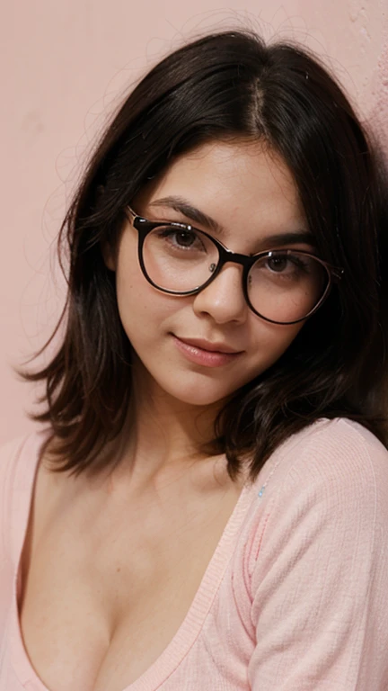 Carly Rose Sonenclar wearing sexy nerd girl clothes with lipstick and smiling