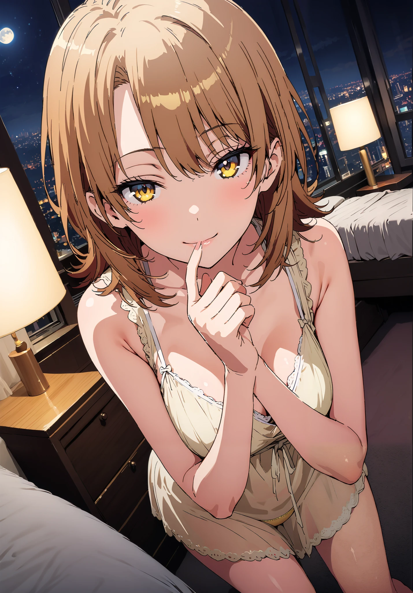 Irohaisshiki, Isshiki Iroha , short hair, black cock, brown eyes,narrow your eyes,Medium breast,seductive smile,cover,close your mouth,Yellow see-through nightgown, sleeveless,yellow string panties, Bare legs,bed,Interior,moon,mysterious, beautiful night view with depth,Beautiful cityscape,full bodyがイラストに入るように,break indoors, bedroom,
break looking at viewer,full body,
break (masterpiece:1.2),best quality , kampala, Unity 8K Wallpaper ,(shape:0.8),( fine, beautiful eyes :1.6),It's a person ,full body写真,CG Details , (perfect hands,complete anatomy),