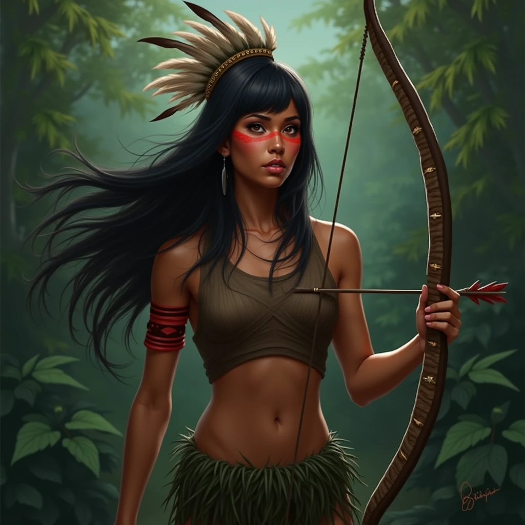 Hyper realistic full body painting of an indigenous Brazilian woman from the Amazon tribe, colorful seed necklaces on her chest, straw skirt, kneeling in battle pose, holds bow and arrow, morning light, jungle, environment, smoky, mystical --auto