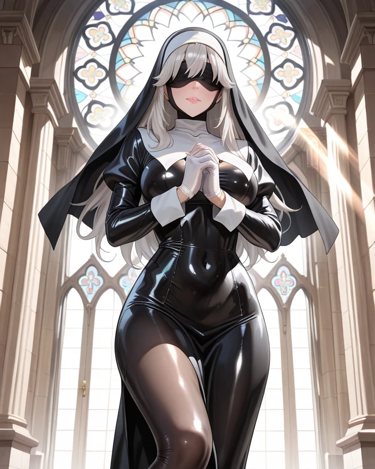 (masterpiece), score_9, score_8_up,, dominant, white hair,long hair,gorgeous,full body stocking,huge breasr,nun,cape,latex bodysuit,front view,