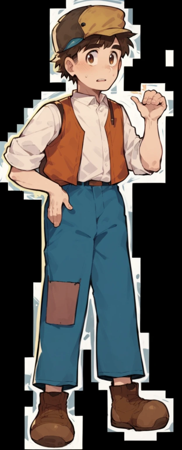 Pazu,1boy, solo, brown hair, brown eyes, orange vest, White shirt, Blue pants, Brown shoes, Yellow hat