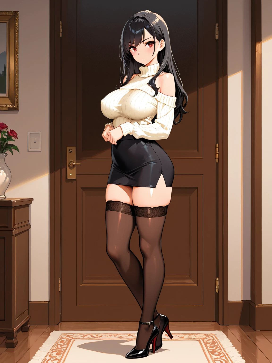 Alone with black hair, petite figure, girl with smooth white skin,nedium breasts,cleavage,pornography,Superskirt,adolable,Impeccable,animemanga girl,Lori huge breasts cleavage