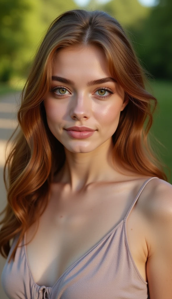ultrarealistic high quality full body photo of a beautiful busty slim european 25-year-old woman with cute hyperdetailed shy face and natural redhead middle length hair and shy smile , realistic round hazel eyes, natural lips, dark eye makeup with eyeliner, wearing 1980s teen movie outfit, hourglass body, outdoor photography, tanned