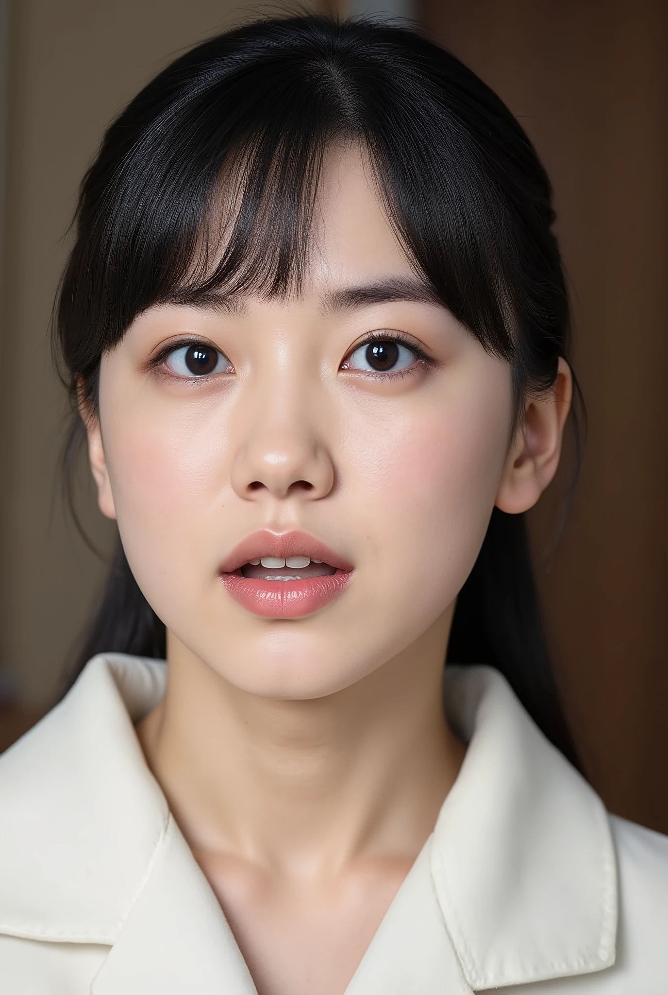 high resolution portrait photo of a Japanese woman behind her arm, photorealistic, masterpiece, Perfect quality to hide my collarbone, complex details, professional lighting, alone, 1 girl, Worn, full body, black hair, detailed face, beautiful eyes , Expressions of anger, ( Look at your fingers ), ( white semen in my mouth , in gold :1.4), raise her chin, camera in the tongue train , indoor,、
