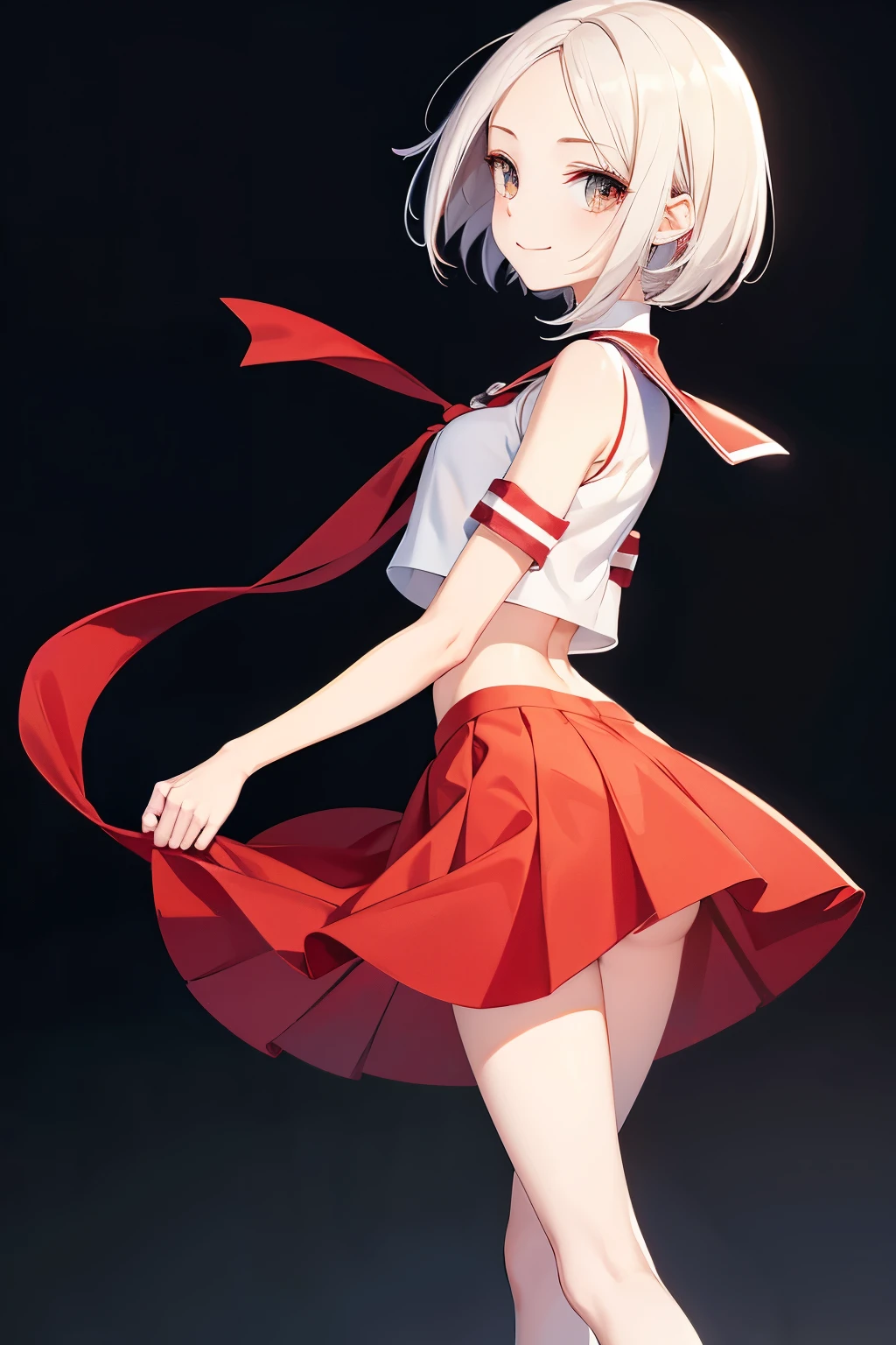 Pelo white, eyes red, slender body, long legs,Crop top, school, white, red skirt, full body photo, Alone, high resolution, simple background, from behind, smile, masterpiece, Precise, slurp,