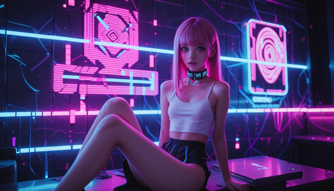 There is a blonde woman with blue eyes in a black body and a black skirt with pink gun, gamer theme, gamer aesthetic, cyberpunk style clothing, cyberpunk outfit, cyber universe style, Kim Petras portrait, gamer setting, rave outfit, Jessica Nigri, Cyberpunk 2 0 Y. The girl model, wearing streetwear