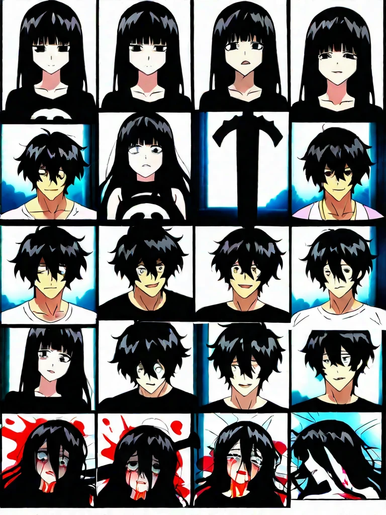A gamer guys plans on a whiteboard with pictures and papers hung on it, evil dark room , there is a scary faces and Puzzles on the wall,his tshirt has this Kahwaa name