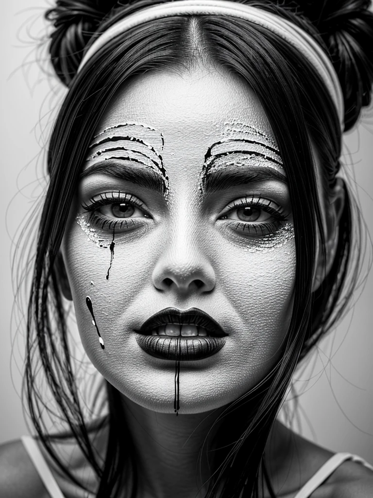 Conceptual Art of  <lora:dark art movement style v1:1>
In dark art movement style, Macabre painting, sharp detailed cinematic art style, horror themed art style, gothic themed art style, a horror painting of a woman with a bandage on her face and a joker lips dark art painting style, 1girl, solo, long hair, shirt, closed mouth, upper body, monochrome, short sleeves, greyscale, striped clothes, striped shirt, realistic, concept art