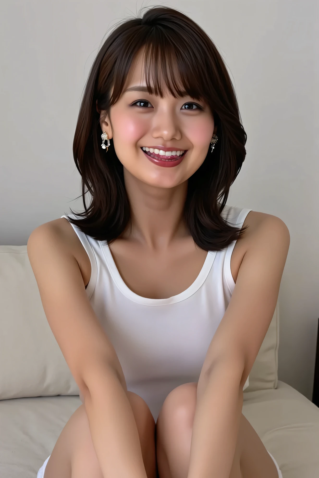 ((( High Resolution , top quality, very well detailed, masterpiece ,  highly detailed photos , realistic , Real people , Ultra precise skin ))) ,    , (   from the front  ) , full body ,  Advance Shot ,  Viewer , ( giggle face ) , { wearing the sleeveless T-shirt and mini-skirt   : 1.8 } , black hair ,   medium hair , medium breasts , { focus on the pubic area between the legs : 1.8 } , the dark hours of dawn  , (( tuck hair behind the ear : 1.8))  , { nsfw , open legs ,squatting }   ,  On the bed , (cool face , open mouth wide . stick out the tongue) , { the most sexy pose }