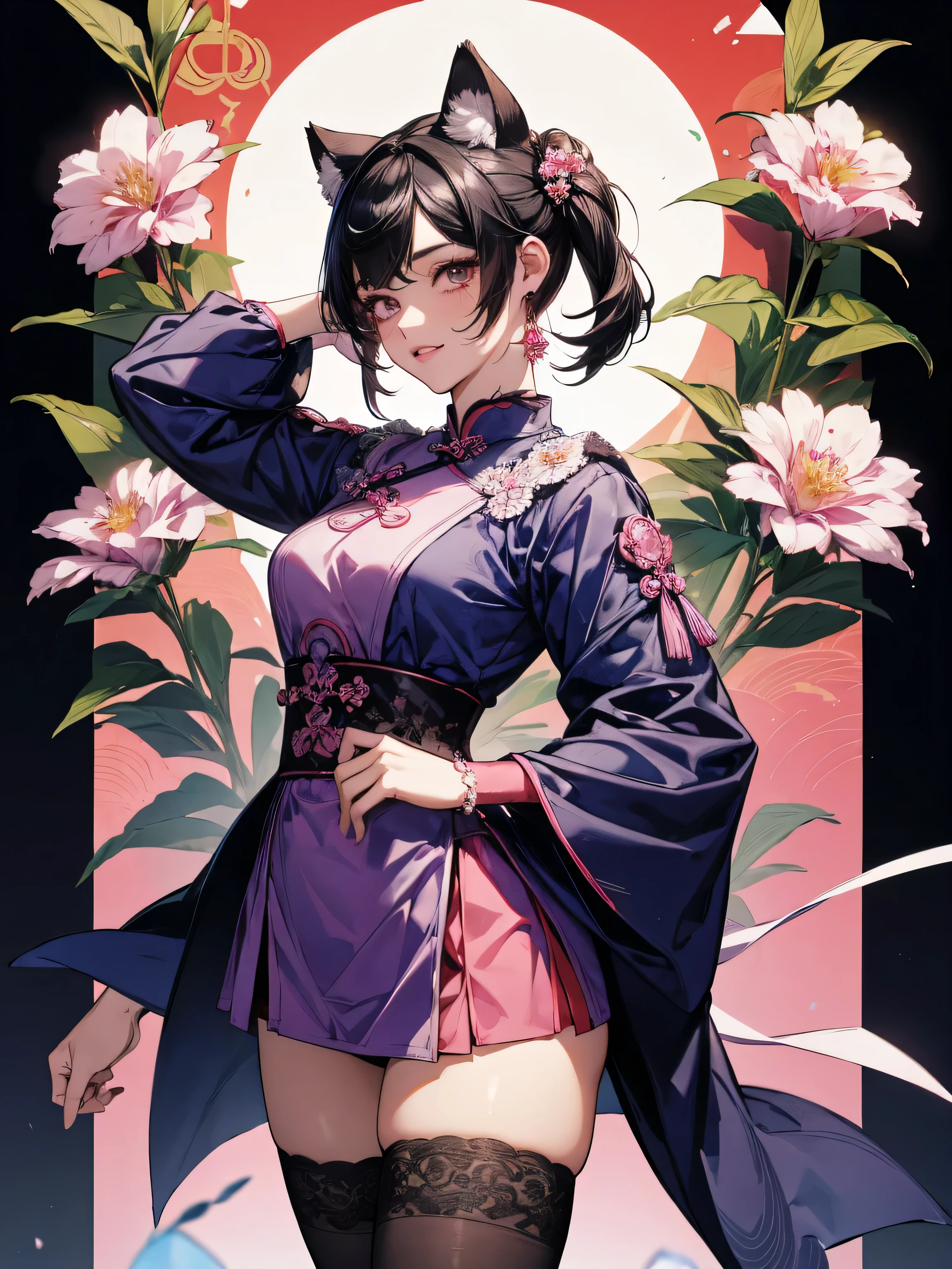 masterpiece, (pink kimono), seductive face, good lighting, décolleté, fine details, masterpiece, glowing eyes, 1girl, black hair, best quality, POV, whole body, wide hips,