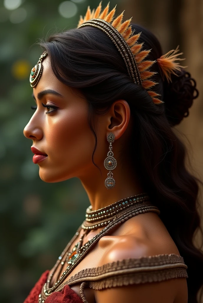 1girl,native american, Naked, feathers,hair ornament,jewelry,necklace,tribal,headdress,armlet,facepaint,braid,bracelet, wz_sousou_no_frieren_style, 1girl in full growth, best quality, masterpiece, ultra-detailed, high quality, perfect nose, highly detailed skin, warm skin tone, defiance512, RAW photo, best quality, high resolution, (masterpiece), dreamlike, dreamy, modelshoot style, analog style, tonemapping, photorealistic, professional photography, sharp focus, HDR, 8K resolution, intricate detail, sophisticated detail, hyper detailed, (depth of field), highlight and shadow, volumetric lighting, cinematic bloom, professional light, looking at viewer, blotchy, full body angle.