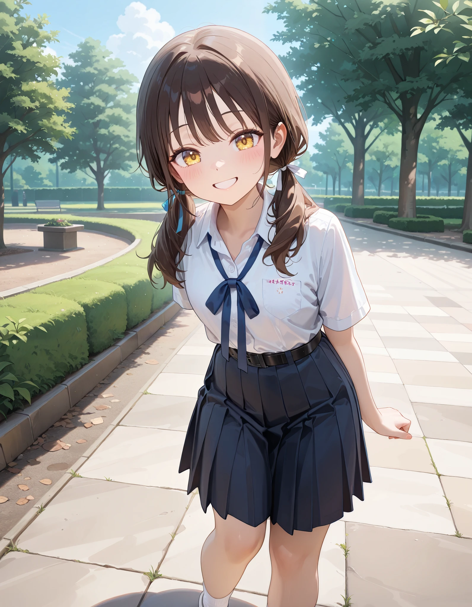 Masterpiece, hd, best quality, 1girl, brown hair, twintails, hair ribbon, yellow eyes, smile, happy, ribbon,Thai school uniform, wearing white collared shirt, short sleeves, blue neck ribbon, belt, dark blue pleated skirt, white socks, standing, outdoor, park