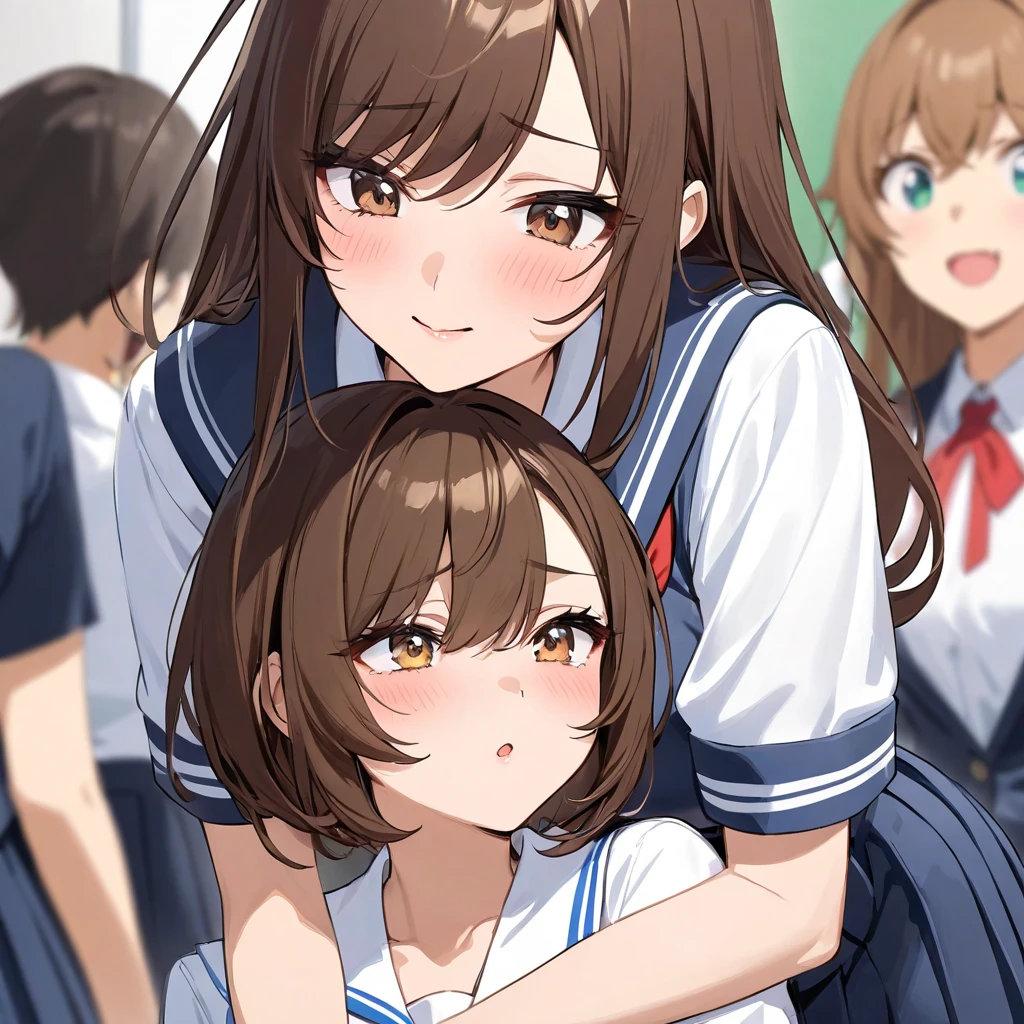 with an anime-style taste、A girl with short brown hair wearing a high school uniform、Jealous look