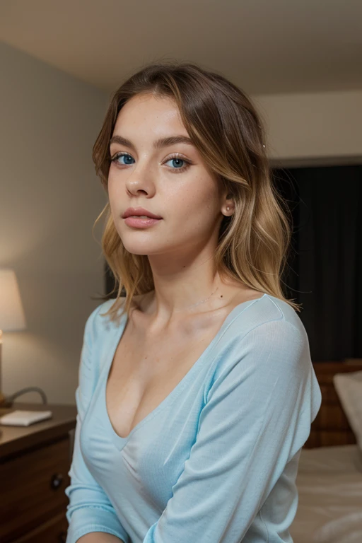 Erzeuge ein hochrealistisches Bild einer jungen Frau mit blonden Haaren und lebendig blauen Augen. The woman should stand in a natural pose, idealerweise in einem gut beleuchteten Umfeld. Achte darauf, that the facial features are authentic and the hair falls naturally. Die Kleidung kann casual oder elegant sein, je nach kreativem Ermessen. Betone die realistischen Texturen und Schattierungen, um ein Bild zu schaffen, that is both vibrant and extremely lifelike. The focus is on the representation of beauty and charisma. Stelle sicher, that the generated image is of high quality and detail, to ensure an impressive and convincing portrayal of the blonde woman with blue eyes. Stelle das Foto so dar, as if you were photographing the woman from above.
