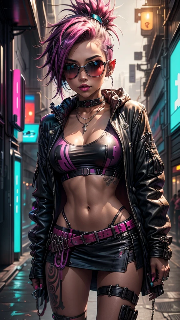 beautiful woman:1.2),(Dyed hair:1.2),(Leather clothes and sexy poses:1.3),(naughty poses), (long breasts:1.1),( cyberpunk style:1.3),(realisti:1.1),(detailed:1.1)