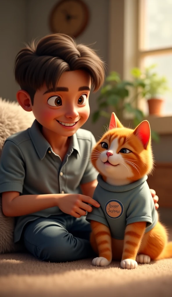 Make a Disney Pixar 3D style picture of a 2-year-old boy, Light skin, short brown hair, straight brown eyes to the side and forehead showing, black and white striped blouse and orange pants with white cat with gray spots