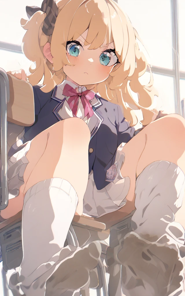 girl, anime, uniform, school toilet, student, uniform, anime aesthetic, a young woman hiperrealista, and the visual of the series, is a cute , young woman hiperrealista, anime style, beautiful anime high school, art and anime in high quality, with both the jacket and the skirt, to encourage a full body illustration, big hips, sitting on toiletm peeing
