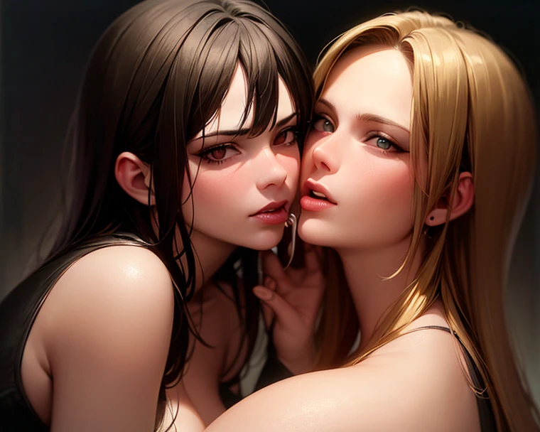 masterpiece full body portrait, (a slutty nude redhead woman and a slutty nude blonde woman hugging and kissing:1.2) each other in a (((bed))), wearing panties and thick garters and stockings, detailed skin, detailed eyes, high cheekbones, strong jawline, long hair, curvy,( low angle shot:1.2), (beautiful detailed eyes, distinct pupils), (Realism), (Highres), 4K, 8K, Detailed Illustration, Ultra-Detailed, Realistic Shadows, Glowing Particles, Light Particles, Digital Art, Reflections, Detailed Face, (Detailed Hair:1.2), (Hyper-Detailed Eyes:1.2), Dim Lighting, Indirect Lighting, Reflections, Detailed Face, (Detailed Hair:1.2),