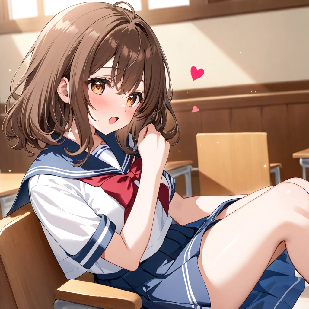 Highest quality, High resolution, masterpiece, (Beautiful Eyes), (Fine grain), Detailed face, kumiko oumae, Brown eyes, Brown Hair, short hair, Wavy Hair, smile, blush, skirt, shirt, Long sleeve, , pleated skirt, neckerchief, brown skirt, whiteいセーラーカラー, brown shirt, Kitauji High , red neckerchief, indoor, classroom, Chair, machine, (Panties丸見え:1.5), (Wide pelvis:1.5), (white_Panties:1.5), (Thick thighs), (Stepping on the boy's head:1.5), nsfw