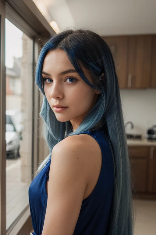 Girl with long blue hair, smile, black gloves